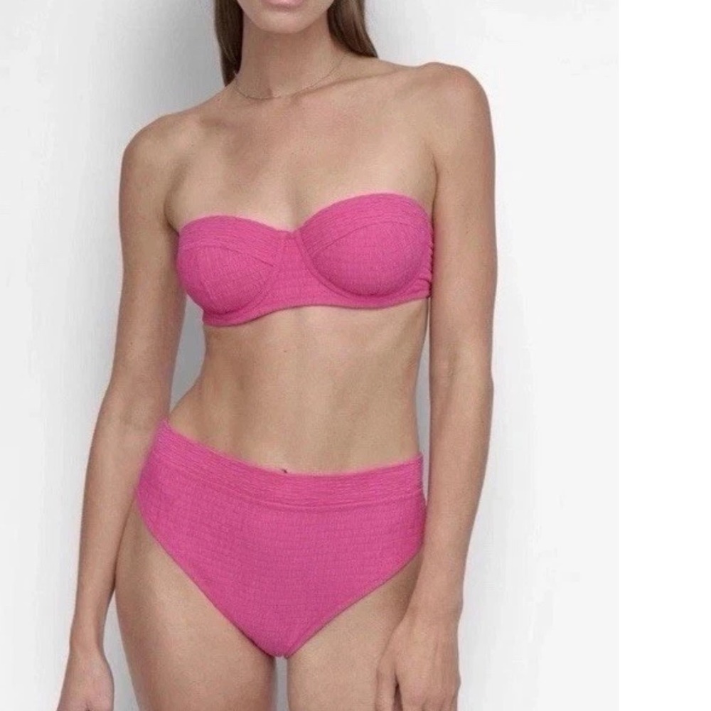 DKNY Bikini Set Women Large Pink Smocked Bandeau High Waist Swimsuit 2 Piece NWT